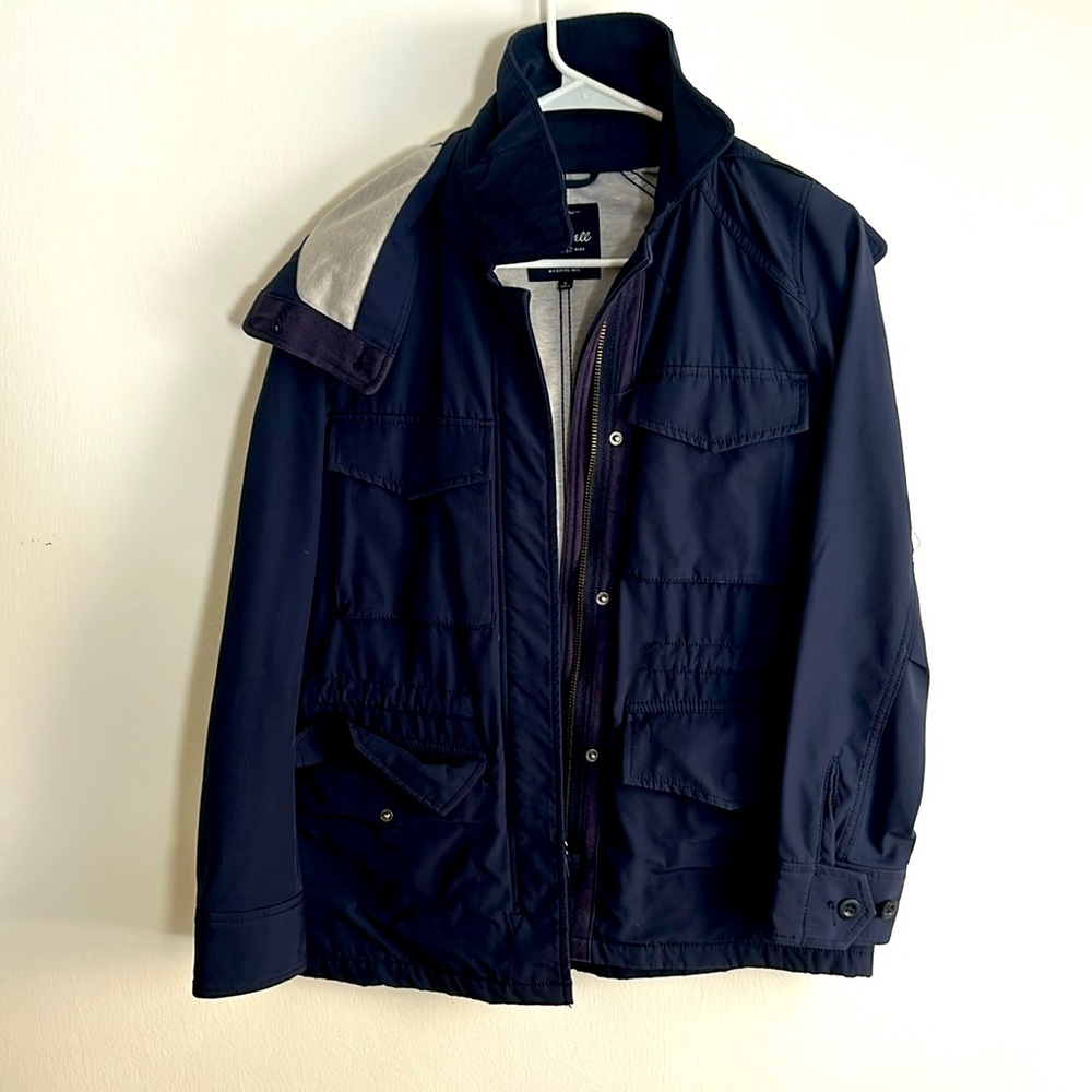 Madewell, navy blue rain coat with detachable hood. Small